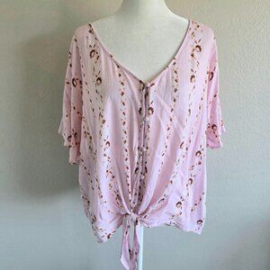 NEW Hiatus Blouse Pink Floral Tie Hem Button Lightweight Textured Plus Size 1X